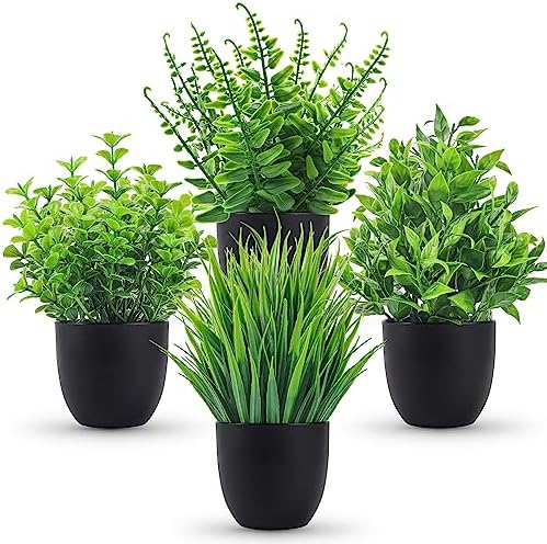 Der Rose 4 Pack Small Fake Plants in Black Pots, Bathroom Office Decor