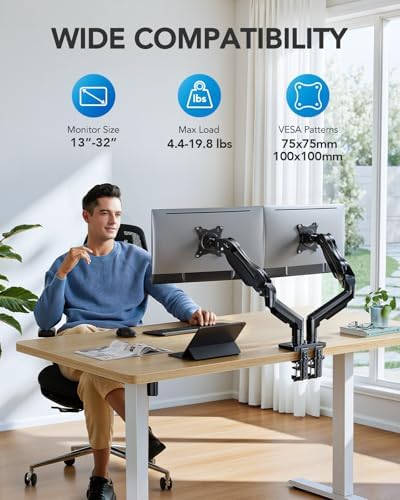 HUANUO FlowLift™ Dual Monitor Stand, Fully Adjustable Gaming Monitor Desk Mount for 13–32″ Computer Screens, Full Motion VESA 75x75/100x100 with C-Clamp & Grommet Base, Each Arm Holds 4.4 to 19.8 lbs