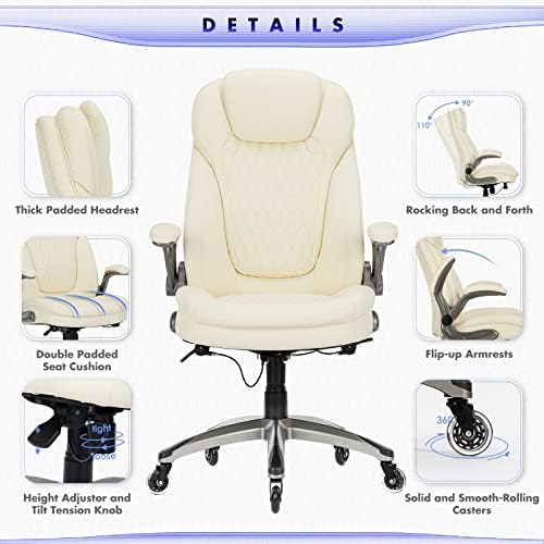 COLAMY Ergonomic Office Chair, Set of 2 Boxes, High Back Leather Desk Chair with Flip-up Arms, Adjustable Height & Rocking Function, Silent Wheels, Ivory Executive Computer Chair, 300lbs Capacity