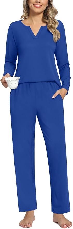 Anyally Women's Plus Size Pajama Sets Ladies Fall Pjs 2 Pieces Lounge Outfits V Neck Long Sleeves Sleepwear with Pockets