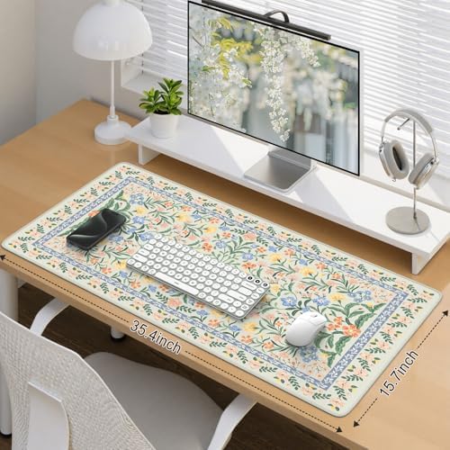 iCasso Desk Mat for Office Decor,35.4 x 15.7 in,Cute Green Floral