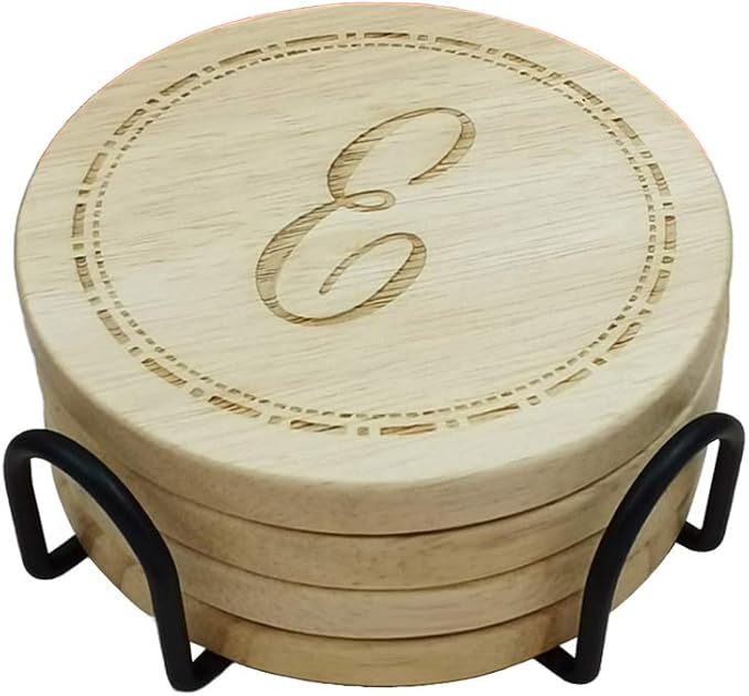 Personalized Wooden Coasters, Custom Engraved Monogram Coasters, Great Gifts for Relatives, Friends or Yourself (E, Set of 4)