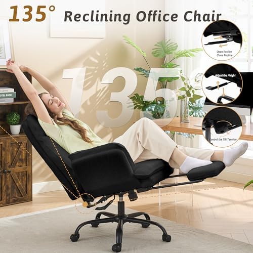 Wider Seat Office Chair with Flip Armrests for Criss Cross Legged&Cats, Big and Tall Executive Ergonomic Reclining Chair with Footrest&Lumbar Pillow, Teddy Fleece Desk Chair,Black Vanity Chair