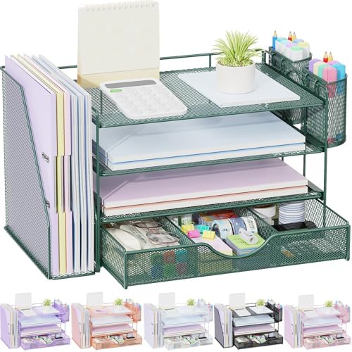 gianotter 4-Tier Desk Organizer with Drawers, File Holders, Letter Trays and Pen Holders - Workspace Accessories for Office Supplies (Green)