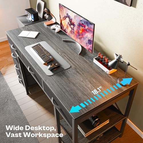Huuger Computer Desk with 6 Drawers, Office Desk with Shelves, Reversible Gaming Desk, Corner Desk with Storage, Work for Home Office, Study, Living Room, 47inch, Grey