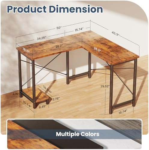 DUMOS 50-Inch Reversible L Shaped Desk with CPU Shelf, Brown