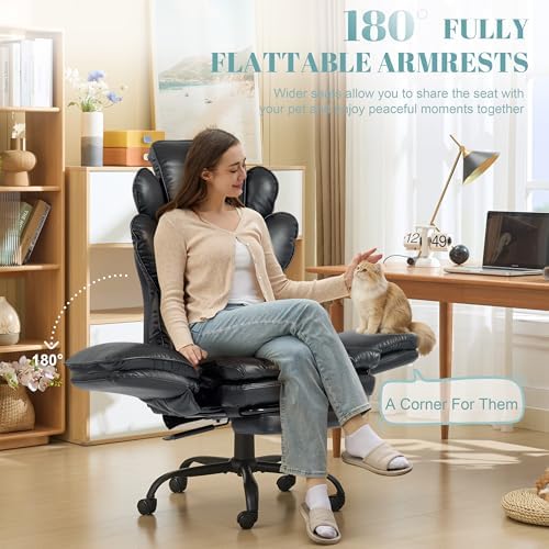 Flip Armrests Criss Cross Office Chair, Reclining Office Chair with Foot Rest, Adjustable Headrest, Massage Waist Pillow, Cross Legged Big and Tall Desk Chair Wide Seat Vanity Chair,Black PU Leather