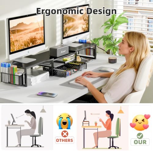 Simple Trending Dual Monitor Stand with Drawer and 2 Pen Holders, Black