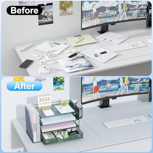 gianotter 4-Tier Desk Organizer with Drawers, File Holders, Letter Trays and Pen Holders - Workspace Accessories for Office Supplies (Green)