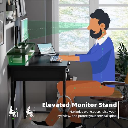 Pamray 32 Inch Small Computer Desk with Monitor Stand and 2 Drawers