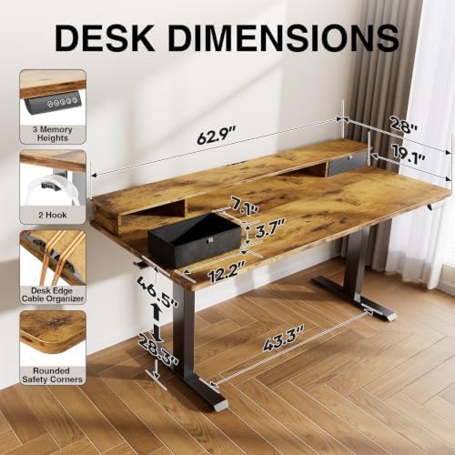Veken 63x28 in Electric Standing Desk with Drawers, Adjustable Table, Brown