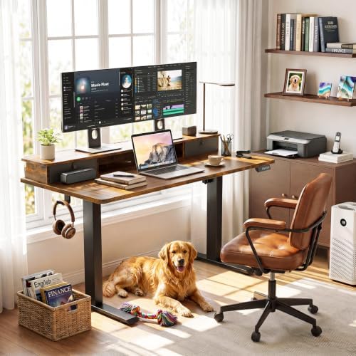 Veken 55x26 in Electric Standing Desk with Drawers, Adjustable Table, Brown