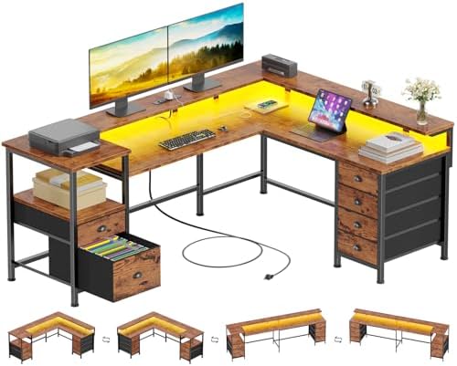 Furologee 66'' L Shaped Computer Desk with 6 Drawers & LED, Rustic Brown