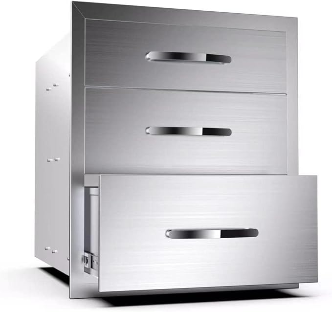 Outdoor Kitchen Drawers Stainless Steel 16W X 21H X 23D Inch, Flush Mount Triple BBQ Island Drawers with Handle for Outdoor Kitchens, Patio or Grill Station