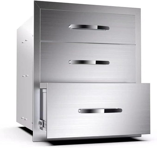Outdoor Kitchen Drawers Stainless Steel 16W X 21H X 23D Inch, Flush Mount Triple BBQ Island Drawers with Handle for Outdoor Kitchens, Patio or Grill Station