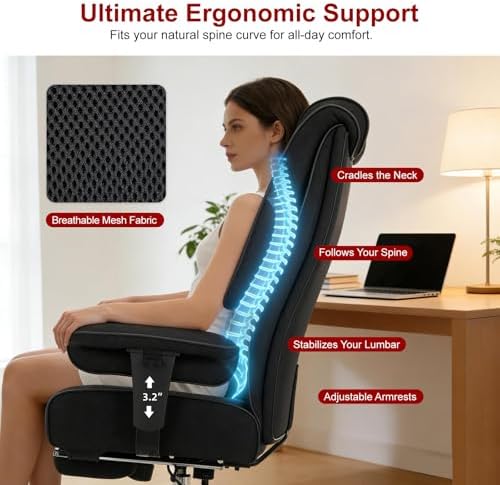EXCEBET Big and Tall Office Chair 400lbs Wide Seat, Leather High Back Executive Office Chair with Lumbar Support, Ergonomic Chairs Padded Armrests & Thick Cushion (Mesh Dark Black)