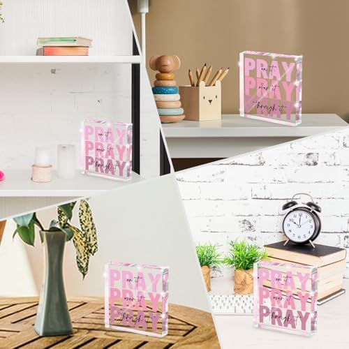 Pink Inspirational Decor Pray Over It Bible Verse Wall Art Christian Gifts for Women, 4x 4 Inches Office Desk Accessories Decor Sign, Pink Dorm Room Decoration for Women - Pray on it Pray through it