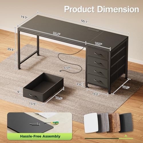 PRAISUN 55.1 Inch Computer Office Desk with Power Outelts and USB-C Port, Reversible Gaming Desk with 4 Fabric Drawers, Work Study Desk Work from Home, Black
