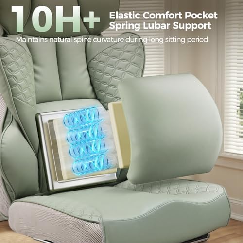 GTPLAYER Big and Tall Gaming Chair 400lbs Heavy Duty Office Chair with Foot Rest & Ergonomic Pocket Spring Lumbar Support, High Back 3D Saddle Shaped Cushion for Back Pain Relief, Green