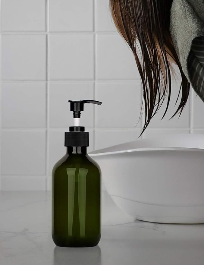 Pump Bottle Dispenser, Yebeauty 10oz/300ml Empty Plastic Shower Refillable Dispenser Soap Shampoo Pump Dispenser Containers with Pump Multipurpose for Cosmetic Kitchen Bathroom, 2-Pack Green and Brown