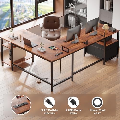 Furologee 66” L Shaped Desk with Power Outlet, Reversible Home Office Desk with File Drawer, 2 Monitor Stands, Storage Shelves, Corner Computer Table for Gaming, Writing, Rustic Brown