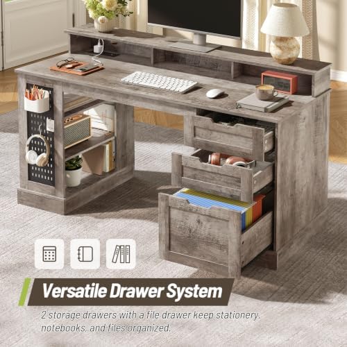55-Inch Farmhouse Executive Desk with 2 Drawers and File Cabinet, Computer Desk with 3-Tier Storage Shelves, Home Office Desk with Charging Station, Pegboard and Monitor Shelf, Gray