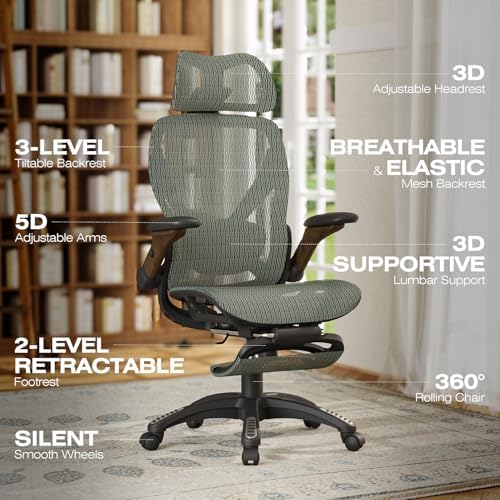 ELABEST X100 Ergonomic Mesh Office Chair with Footrest, Big and Tall Home Desk Chair with 5D Flip-Up Arms, Adjustable 3D Lumbar Support, Gaming & Executive Computer Chair (Forest Ranger)