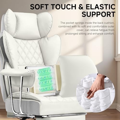 COMHOMA Big and Tall Office Chair, High Back Leather Gaming Chair with Footrest, Executive Ergonomic Office Chairs with Pocket Spring Lumbar Support and with Outward Fixed Soft Armrests