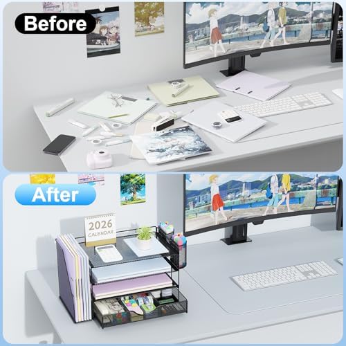 gianotter Desk Organizers and Accessories with File Holder, 4-Tier Desk Accessories & Workspace Organizers with Drawer and 2 Pen Holder, Paper Organizer for Office Supplies (Black)