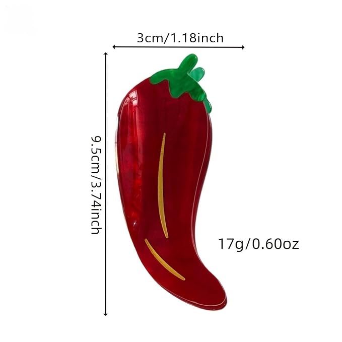 Red Chili Pepper Hair Clips Vegetable Hair Claw Clips Acrylic Hair Jaw Clip | Strong Hold Hair Barrettes Funny Chili Hair Clamp with Leaf Summer Autumn Winter Daily Holiday Hairstyle Accessory for Women