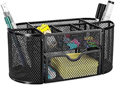 Amazon Basics Mesh Desk Organizer with Pen Holder, Pullout Drawer and Office Caddy Storage, 9.25" x 4.53" x 3.94", Black
