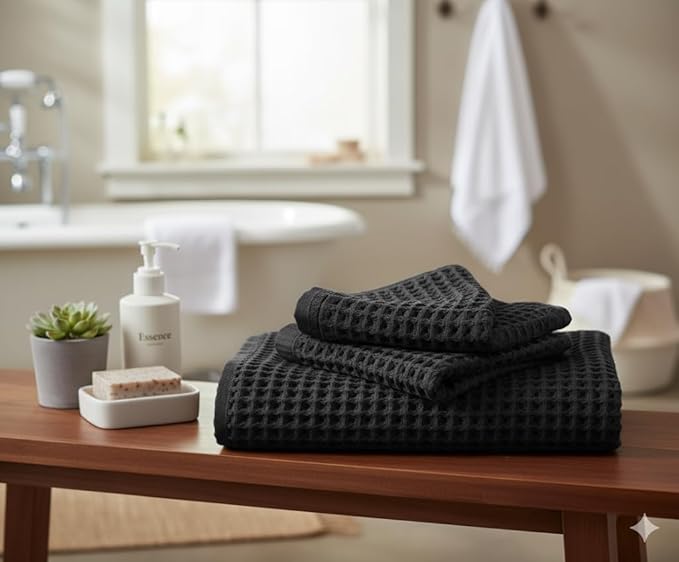 DEMMEX Organic Cotton Waffle Weave Turkish Towel Set for Bathroom, 100% Oeko-TEX Certified Super Soft Turkish Cotton, Lightweight & Quick Dry, 1 Bath & 2 Large Hand Towels, 30x60/20x30 in., Jet Black