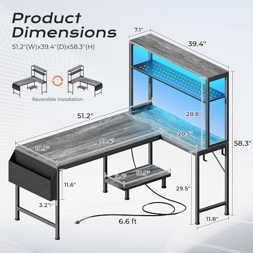 PRAISUN L Shaped Gaming Desk with LED Lights & Power Outlets