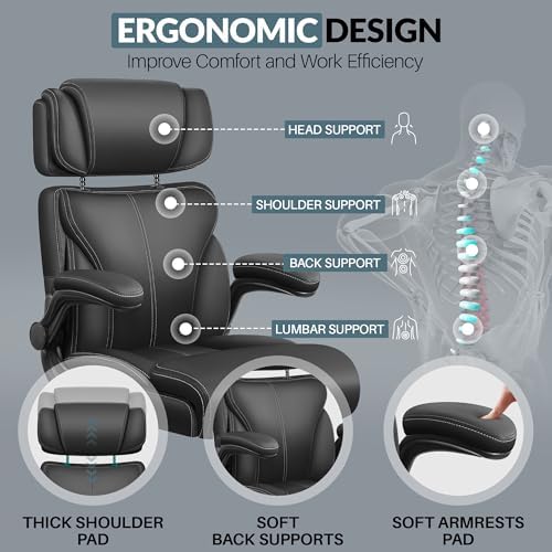 Office Chair, Ergonomic Big and Tall Computer Desk Chair with Retractable Adjustable Headrest, Executive Breathable Leather Chair, Lumbar Support Swivel Flip-up Armrests Rocking Function,Matte Black