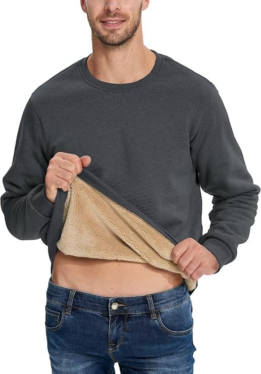 Boladeci Men's Full Sherpa Lined Crewneck Sweatshirts Heavy-weight Fleece Pullover Thick Thermal Long Sleeve Cotton
