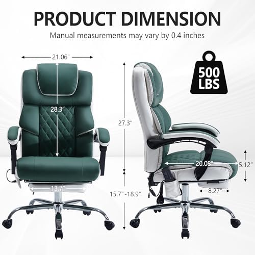 Massage Office Chair 6 Points 500lbs with Footrest,Reclining Leather Desk Chair with Vibration Heat,Executive Big and Tall Chairs for Heavy People,Adjustable Height Ergonomic Green