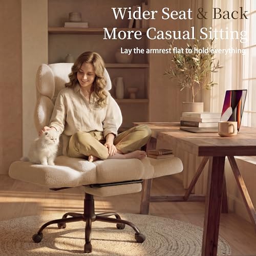 Office Chair with Flip Armrests,Big and Tall Office Chair with Foot Rest,Extra Wide Seat & Lumbar Pillow,Ergonomic Computer Gaming Chair,Comfy Criss Cross Chair for Pets Sitting,Teddy Fleece,Beige