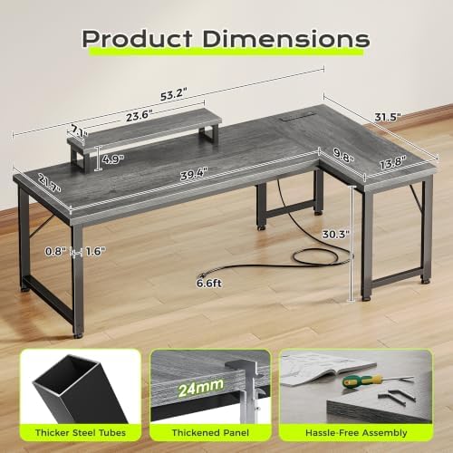 PRAISUN 53" L Shaped Computer Desk, Power Outlets, Monitor Stand, Grey