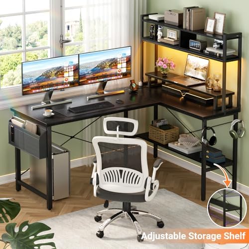 Aheaplus L Shaped Gaming Desk with Power Outlets & LED Lights, Black