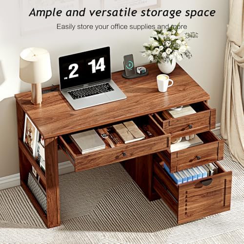 Ieejdn 47" Home Office Desks, Executive Desk, Farmhouse Computer Desk with Drawers and Charging Station, File Drawer, Storage Cabinet, Rustic Computer Writing Desk,Antique Tan