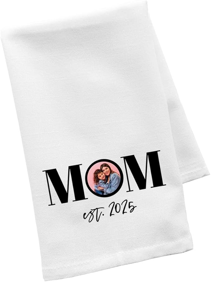 Andaz Press Personalized Flour Sack Tea Towel, Mom Custom Photo Design EST. Year Birthday for Daughter, Wife, Mom to Be, Kitchen Decor, Kitchen Gift