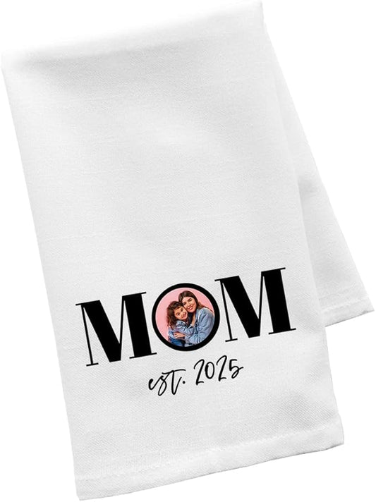 Andaz Press Personalized Flour Sack Tea Towel, Mom Custom Photo Design EST. Year Birthday for Daughter, Wife, Mom to Be, Kitchen Decor, Kitchen Gift