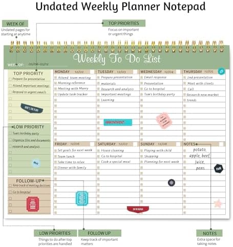 Thboxes Weekly To Do List Notepad, 8.5"x11" Desk Planner 52 Sheets, Green