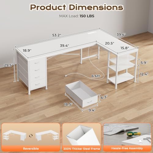 Huuger 55 Inch L Shaped Desk with Fabric Drawers, Reversible Computer Gaming Desk with Power Outlets and USB-C Port, Adjustable Side Storage Shelves, for Work Corner Home Office, White