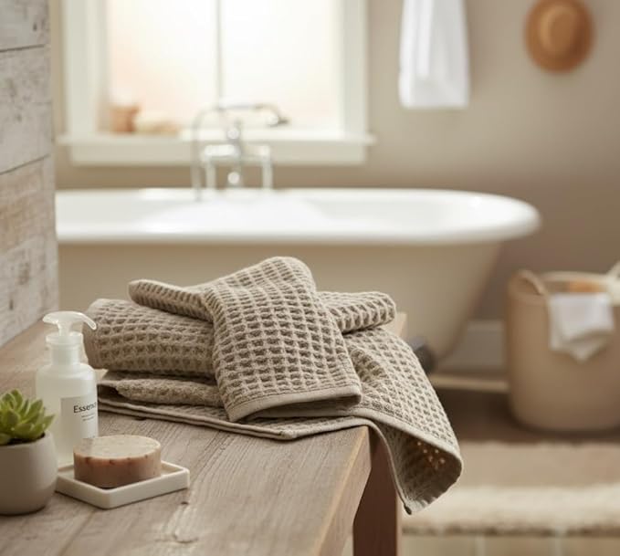 DEMMEX Organic Cotton Waffle Weave Turkish Towel Set for Bathroom, 100% Oeko-TEX Certified Super Soft Turkish Cotton, Lightweight & Quick Dry, 1 Bath & 2 Large Hand Towels, 30x60/20x30 in., Beige/Tan