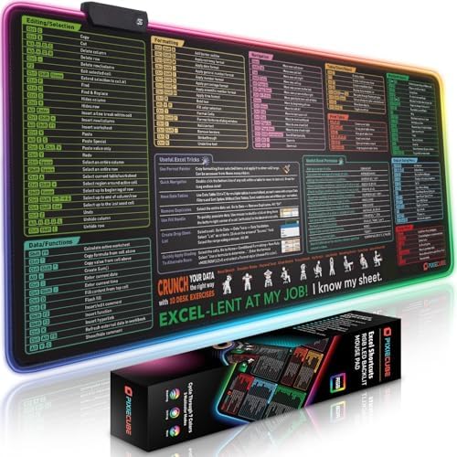 Excel Cheat Sheet LED Desk Pad | Excel Shortcut Keys Mouse Pad - Colorful RGB Luminous Extended Large Gaming Mousepad| PC Office Spreadsheet Keyboard Mat| Non-Slip Stitched Edge Desk Mat