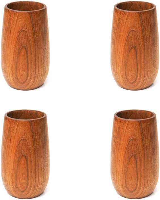 Rainforest Bowls Set of 4 Regular Rounded Javanese Teak Wood Cup- 350ml (12 oz)- Great for Tea/Coffee/Milk, Hot & Cold Drinks- Ultra-Durable- Premium Wooden Cup Handcrafted by Indonesian Artisans