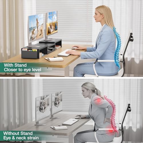 OPNICE Desk Organizer and Accessories, Computer Monitor Stand Riser with Drawer and 2 Pen Holders, Laptop Stand, Office Desk Accessories for Office Supplies, Black
