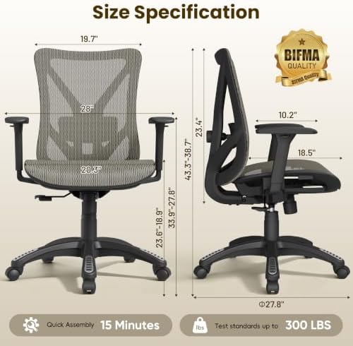 Ergonomic Office Chair, Mesh Computer Desk Chairs with BIFMA X5.1 Certified, Adjustable Lumbar Support, 3D Arm, Tilt Back, Wide Seat, Comfy Swivel Work Task Chair for Company and Home (Apricot Mist)