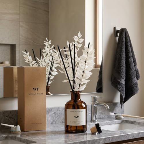 WEALD TRIBE Reed Diffuser Set for Bathroom Air Fresheners, Oil Diffuser Sticks | White Tea Scent 4.0 fl oz Home Fragrance with Sticks Defusers | House Bedroom Office Shelf Decor